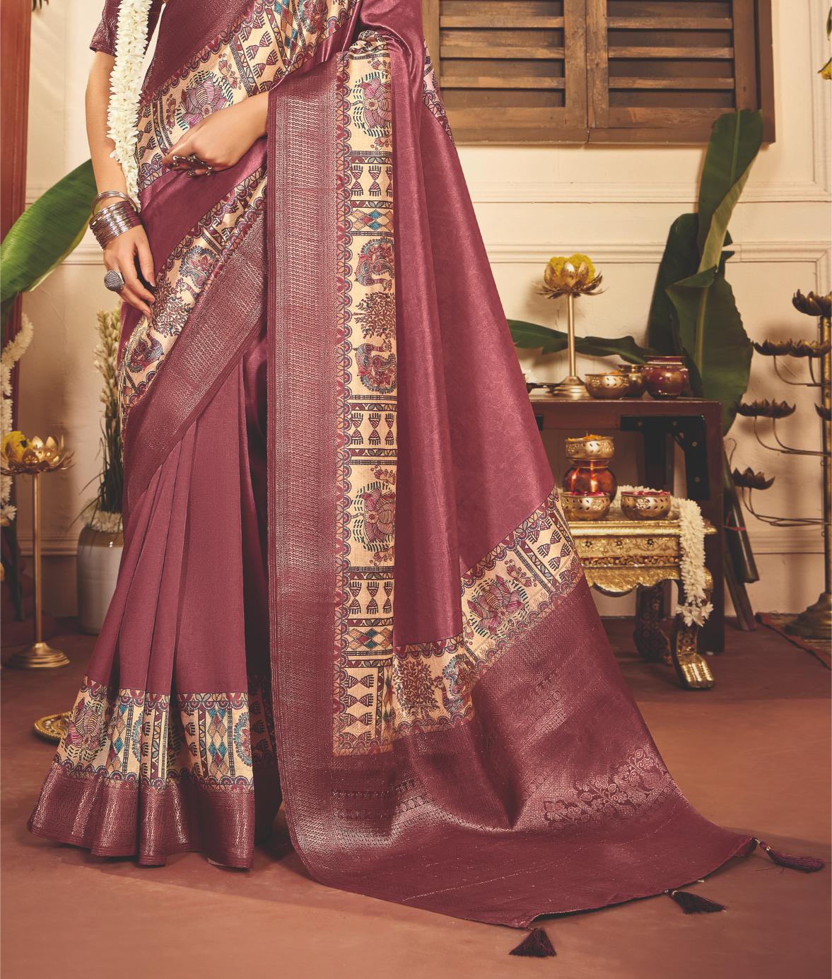 Light Maroon Tussar Silk Tribal Print Saree