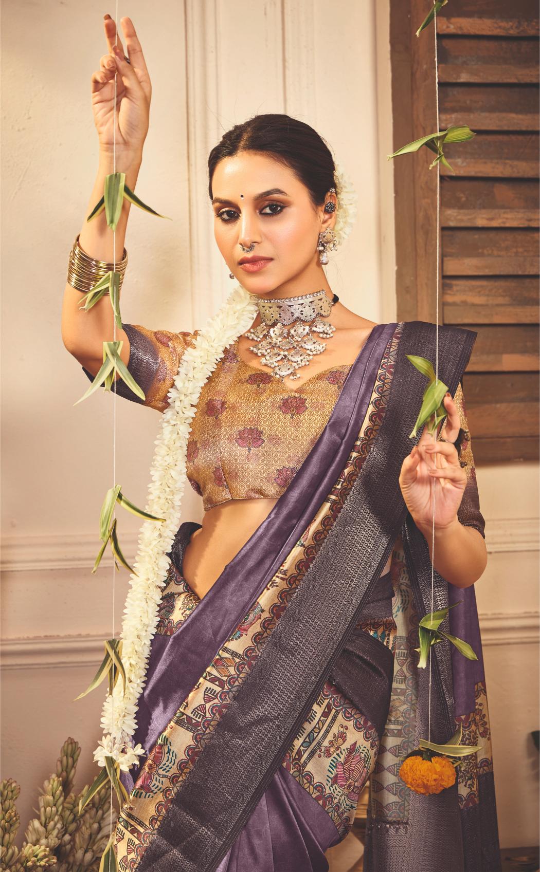 Dull Purple Tussar Silk Tribal Print Saree