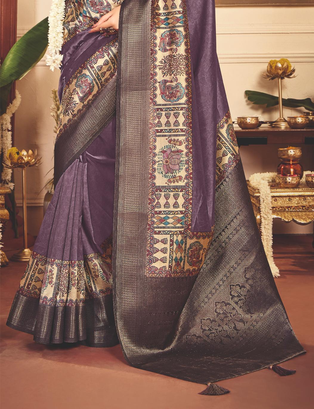 Dull Purple Tussar Silk Tribal Print Saree