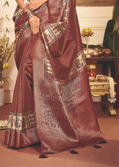 Coffee Brown Tussar Silk Tribal Print Saree