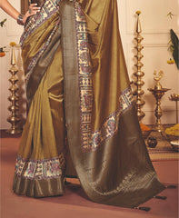 French Beige Tussar Silk Tribal Print Saree