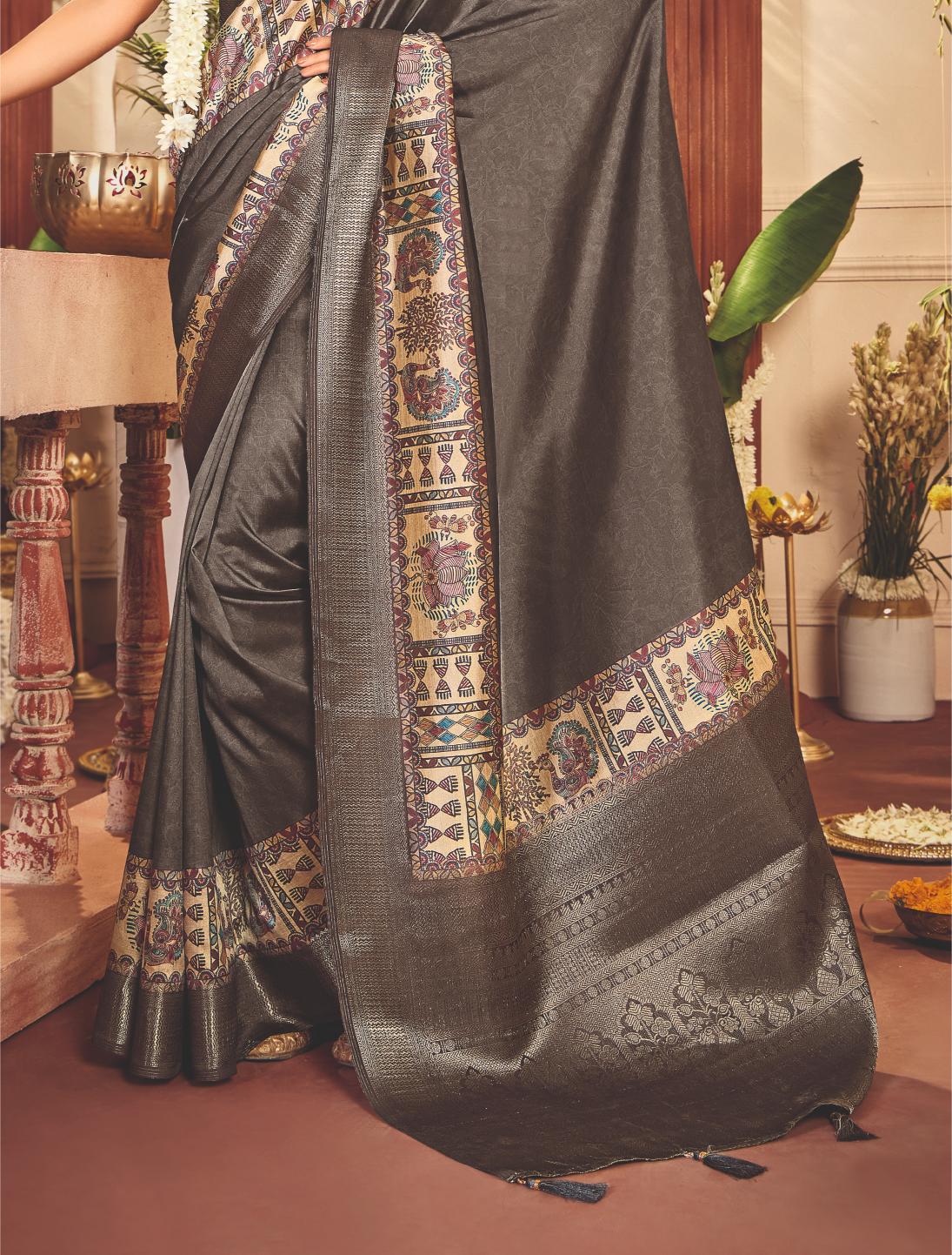 Slate Grey Tussar Silk Tribal Print Saree