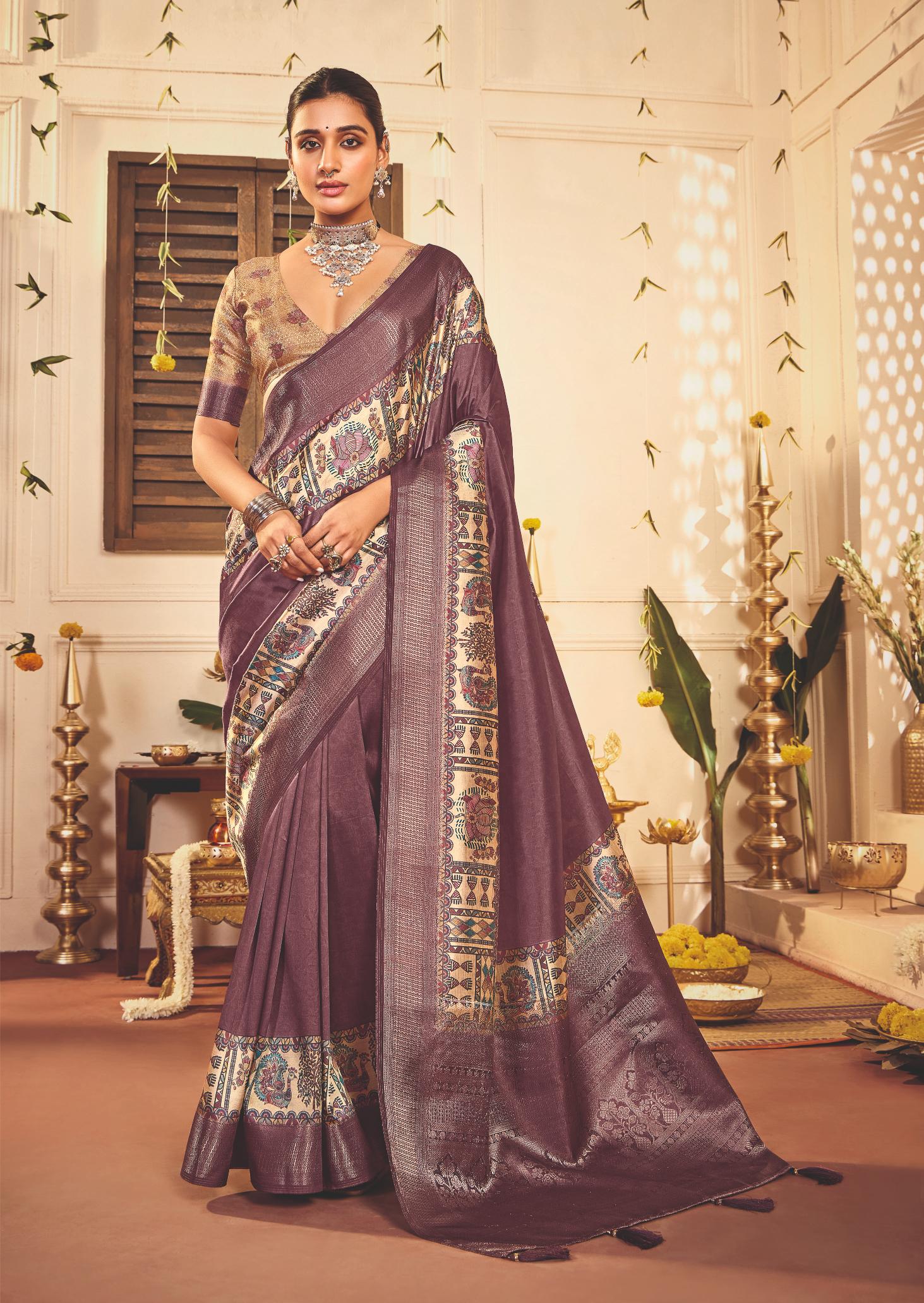 Brownish Purple Tussar Silk Tribal Print Saree