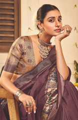 Brownish Purple Tussar Silk Tribal Print Saree