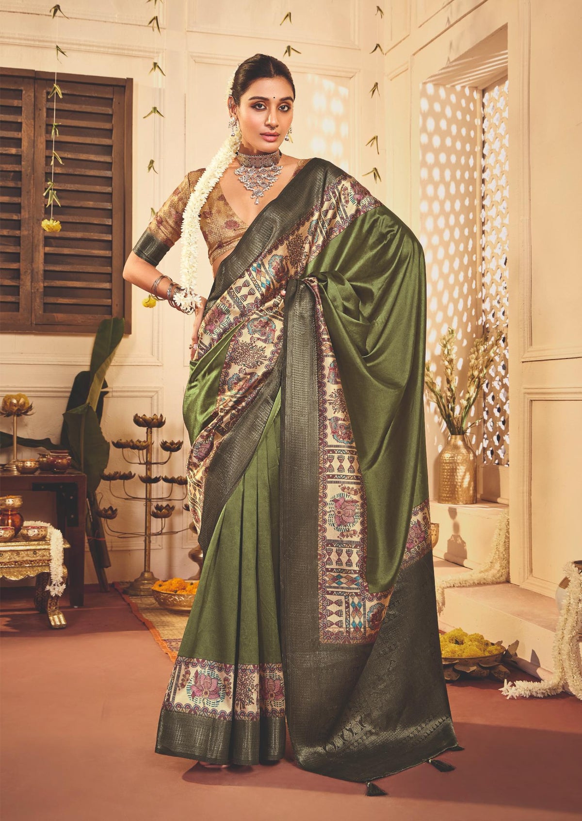 Dark Green Tussar Silk Tribal Print Saree