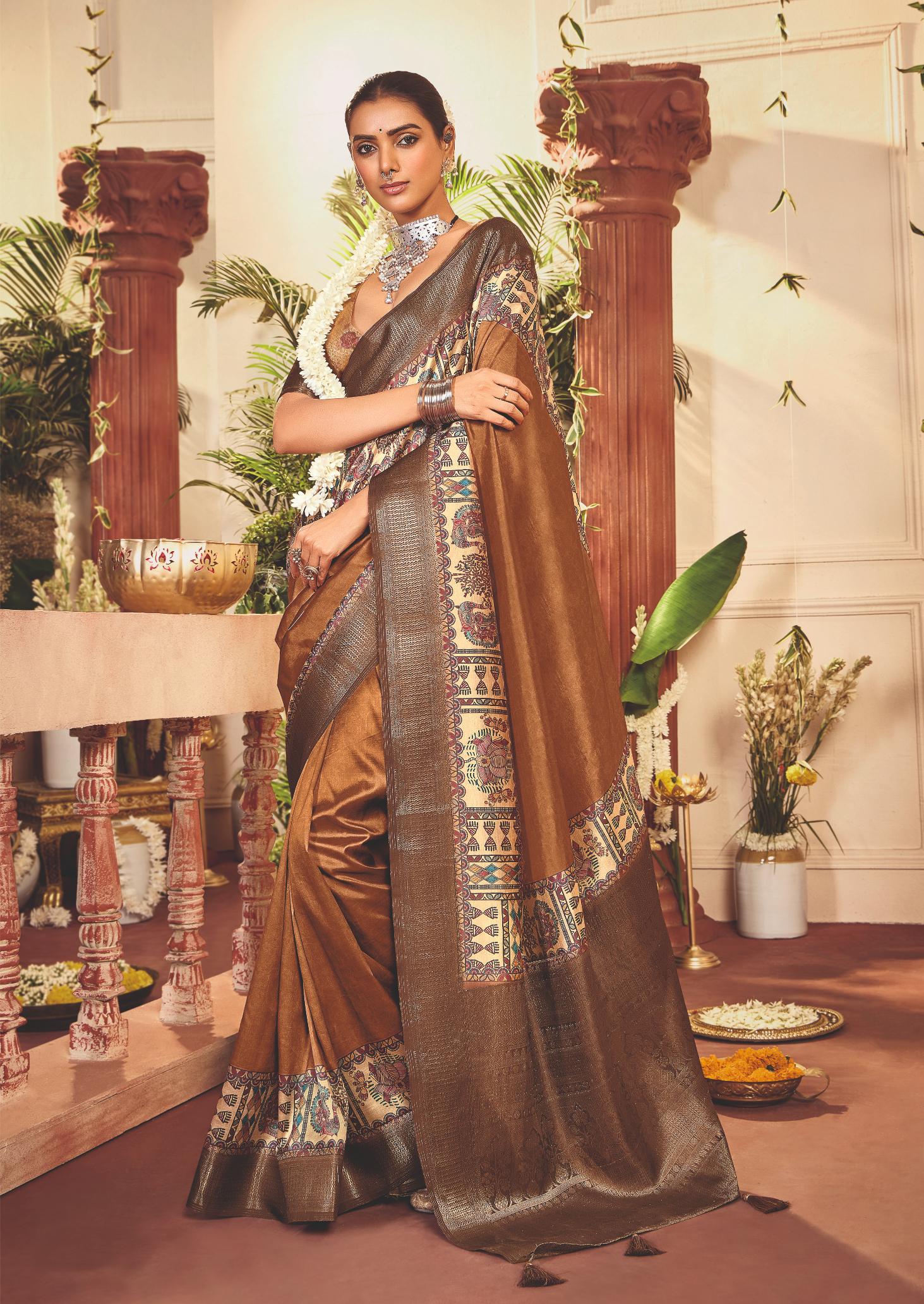 Copper Tussar Silk Tribal Print Saree