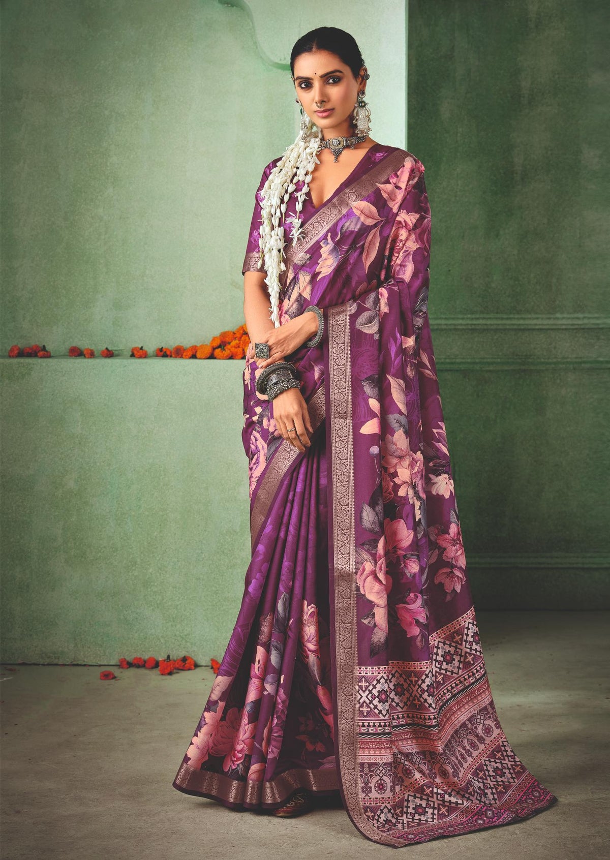 Dark Mauve Tussar Silk Floral Print Saree