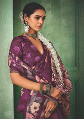 Dark Mauve Tussar Silk Floral Print Saree