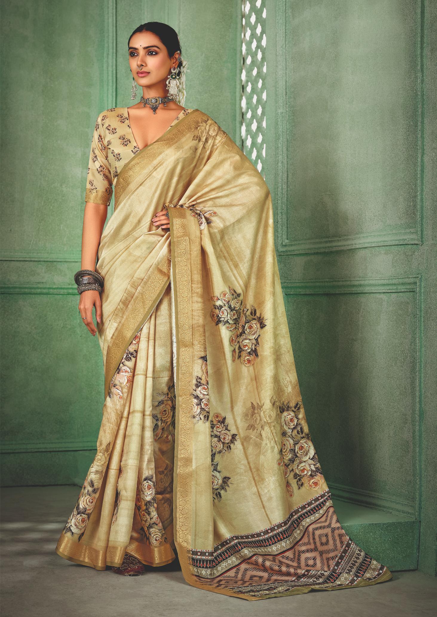 Light Peach Tussar Silk Floral Print Saree