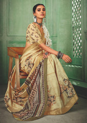 Light Peach Tussar Silk Floral Print Saree