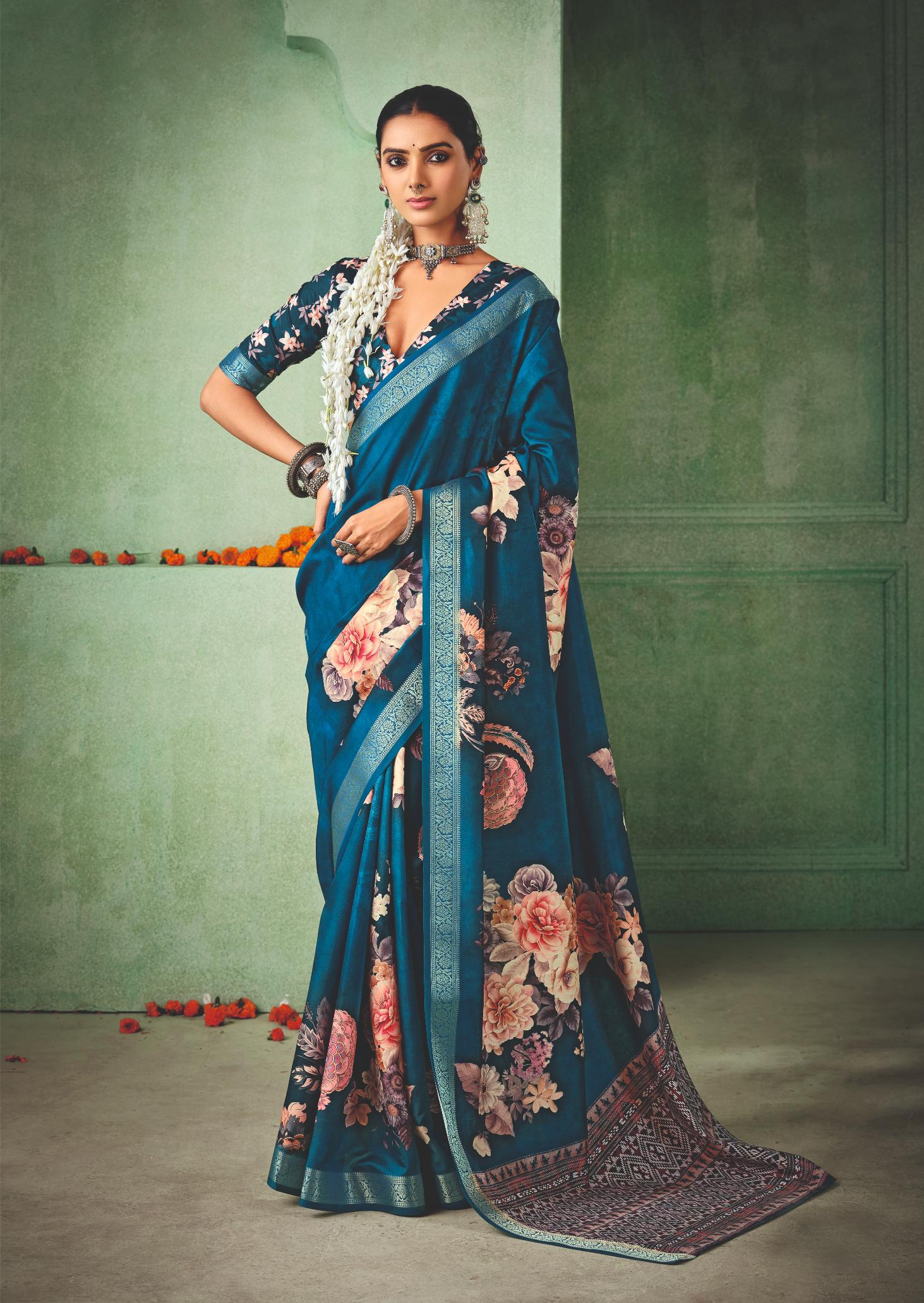 Regal Blue Tussar Silk Floral Print Saree