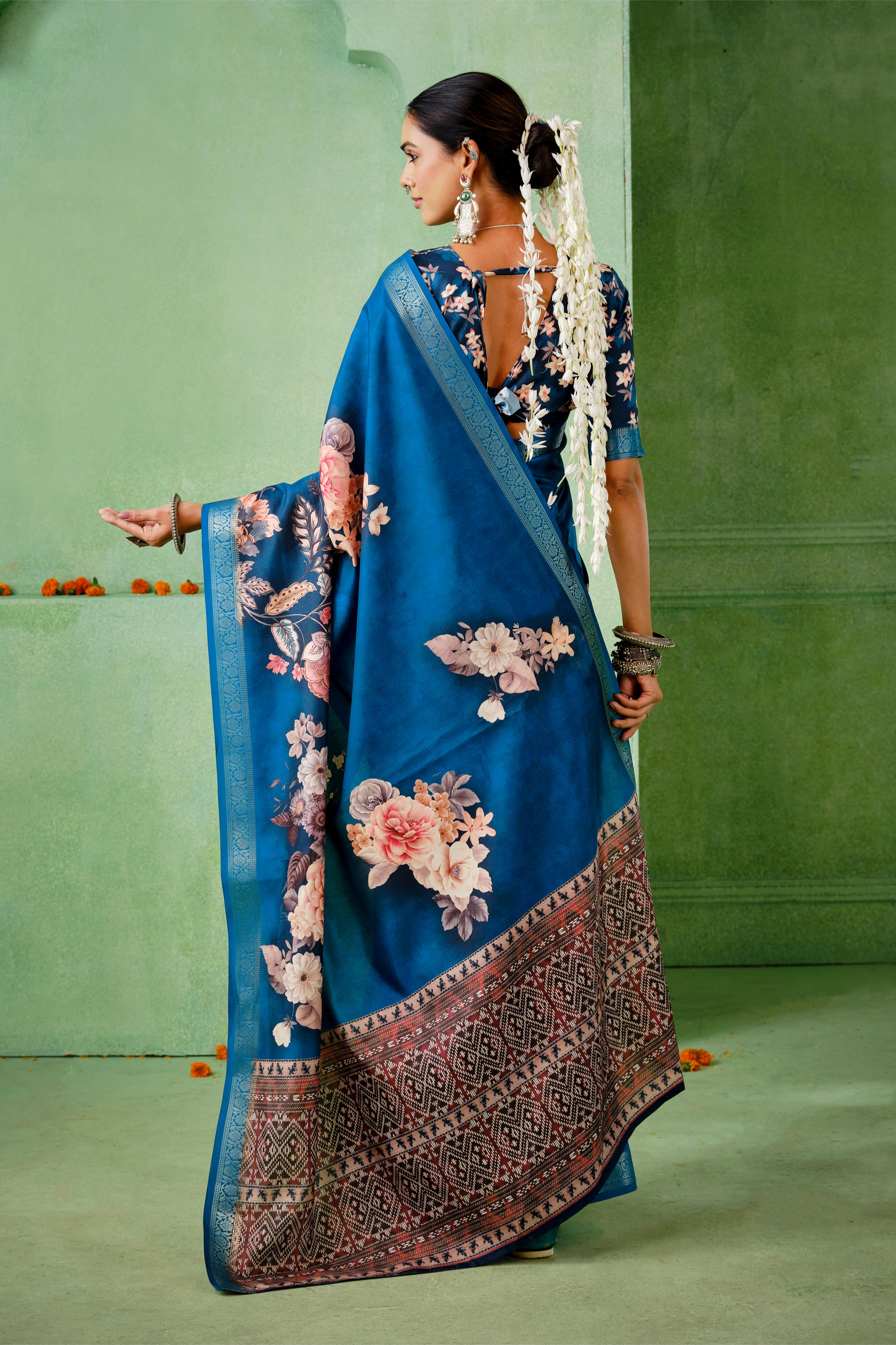 Regal Blue Tussar Silk Floral Print Saree