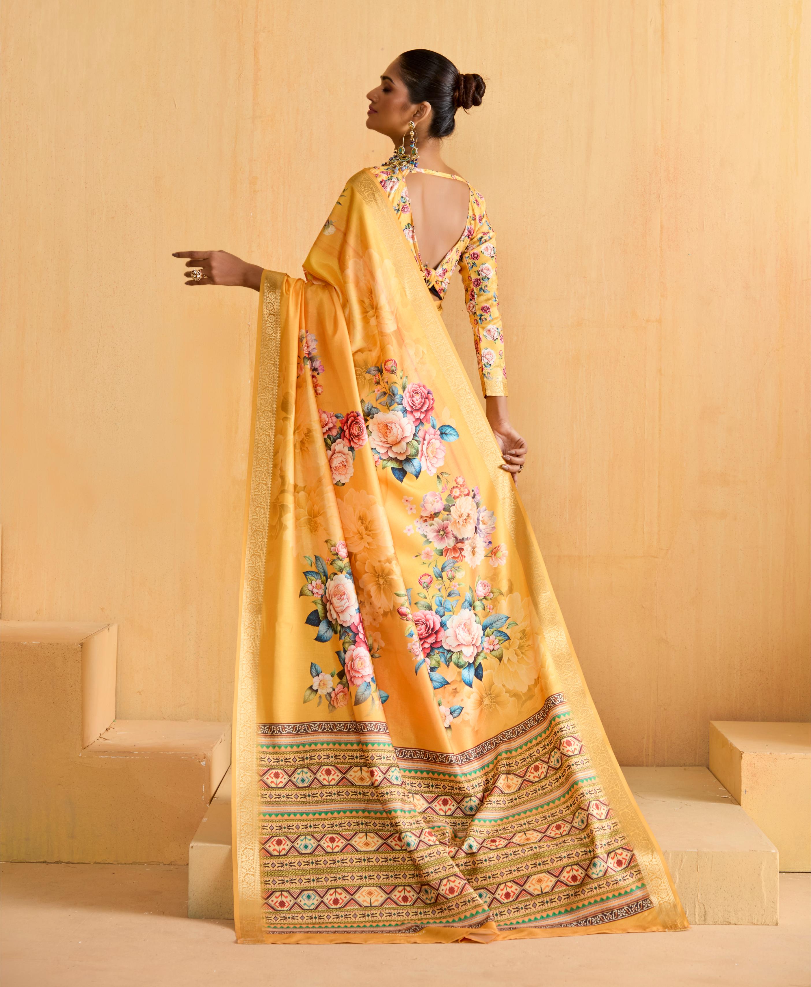 Yellow Tussar Silk Floral Print Saree