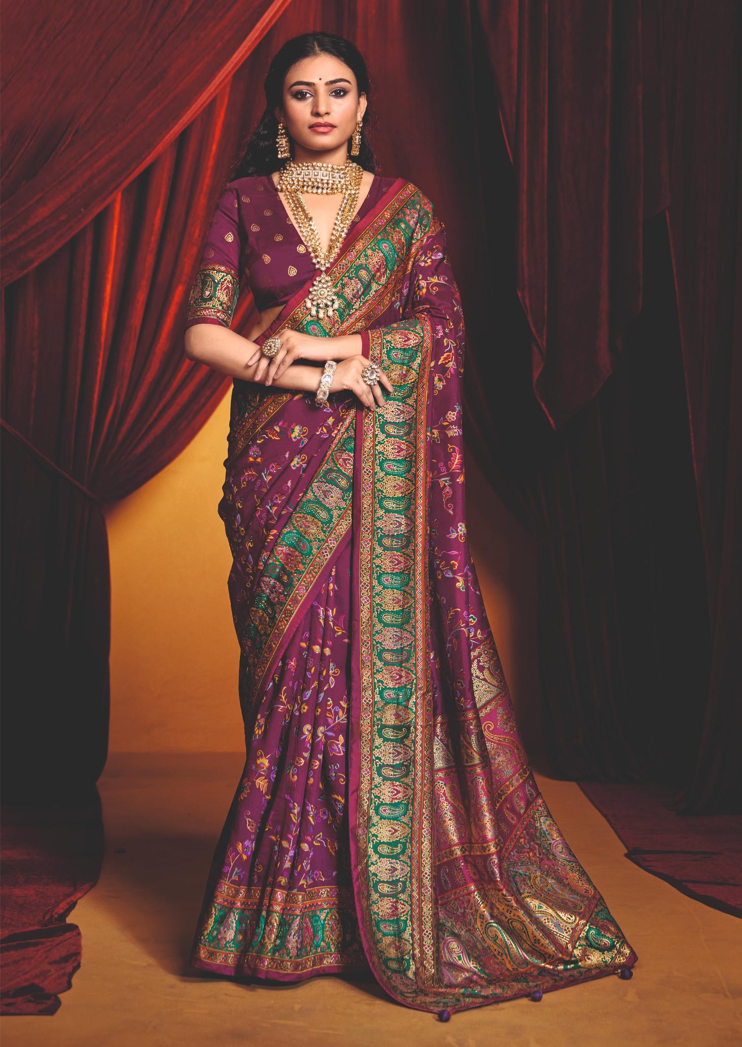 Wine Tussar Silk Paisley Print Saree