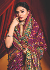 Wine Tussar Silk Paisley Print Saree