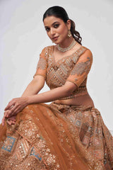 Rust Orange Net Diwali Special A Line Lehenga With Embroidery And Sequins Wedding Wear