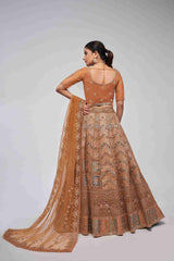 Rust Orange Net Diwali Special A Line Lehenga With Embroidery And Sequins Wedding Wear