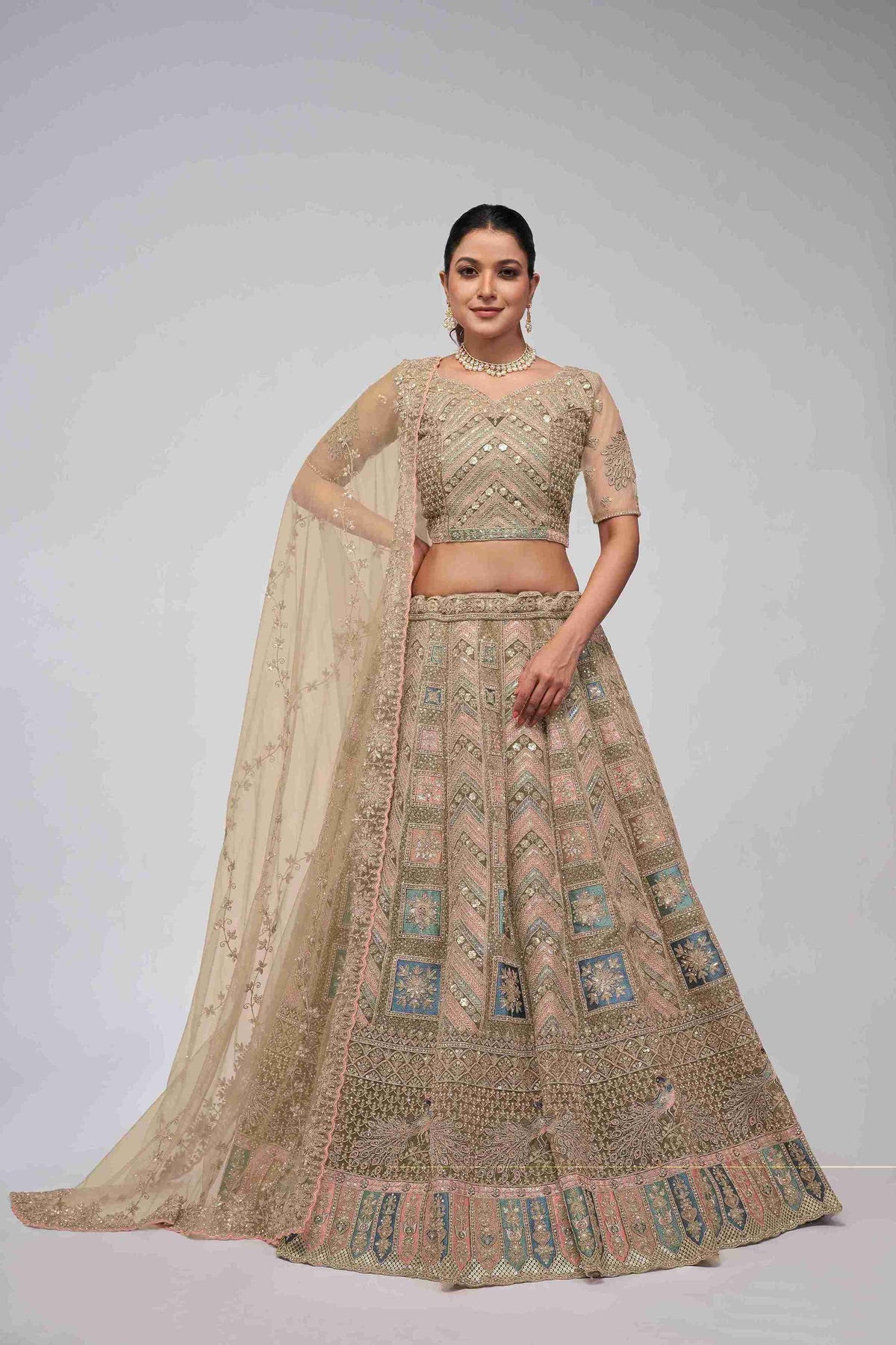 Golden Net Diwali Special A Line Lehenga With Embroidery And Sequins Wedding Wear