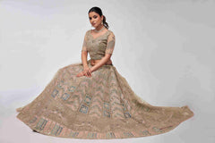 Golden Net Diwali Special A Line Lehenga With Embroidery And Sequins Wedding Wear