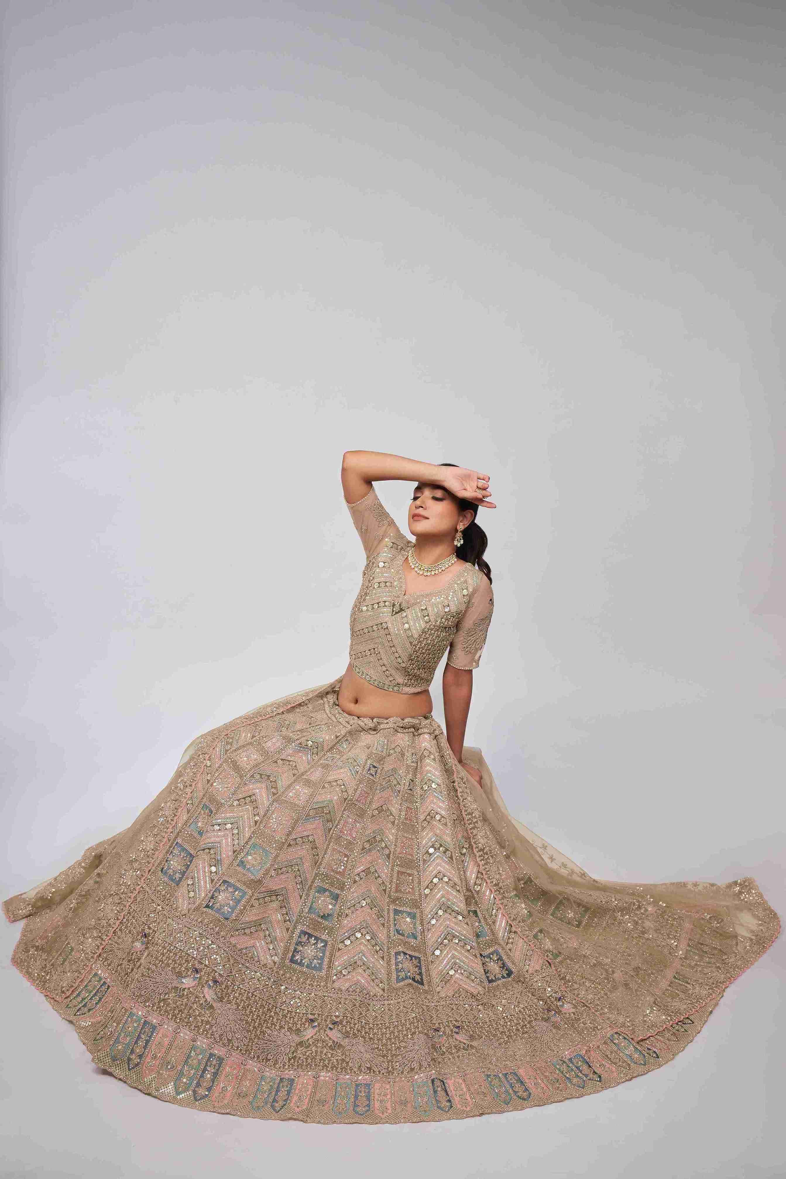 Golden Net Diwali Special A Line Lehenga With Embroidery And Sequins Wedding Wear