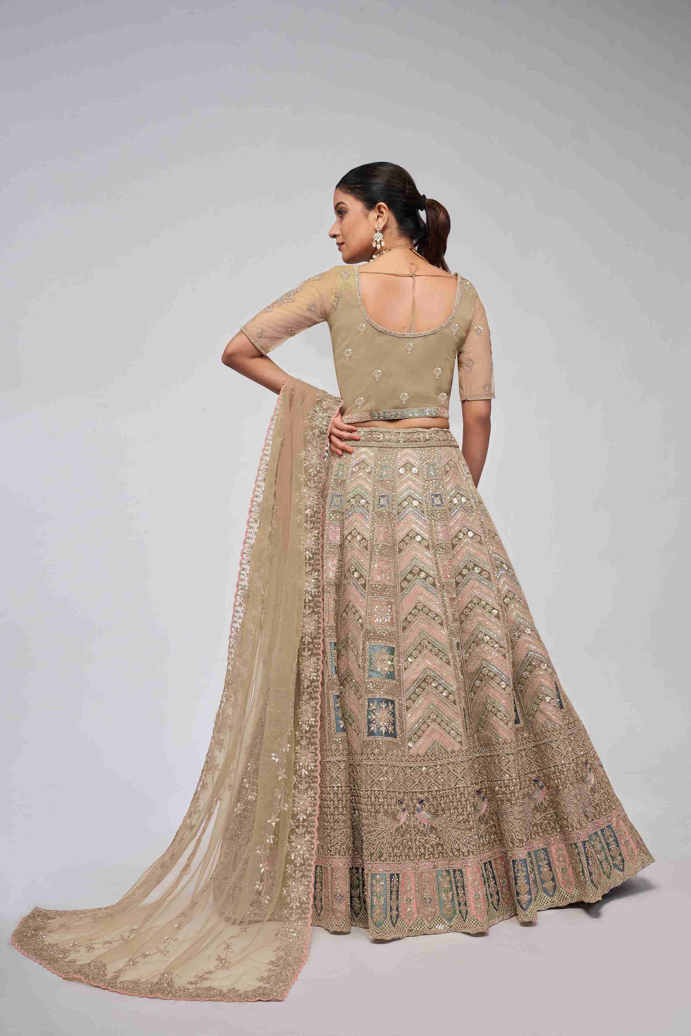 Golden Net Diwali Special A Line Lehenga With Embroidery And Sequins Wedding Wear