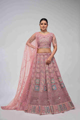 Pink Net Diwali Special A Line Lehenga With Embroidery And Sequins Wedding Wear