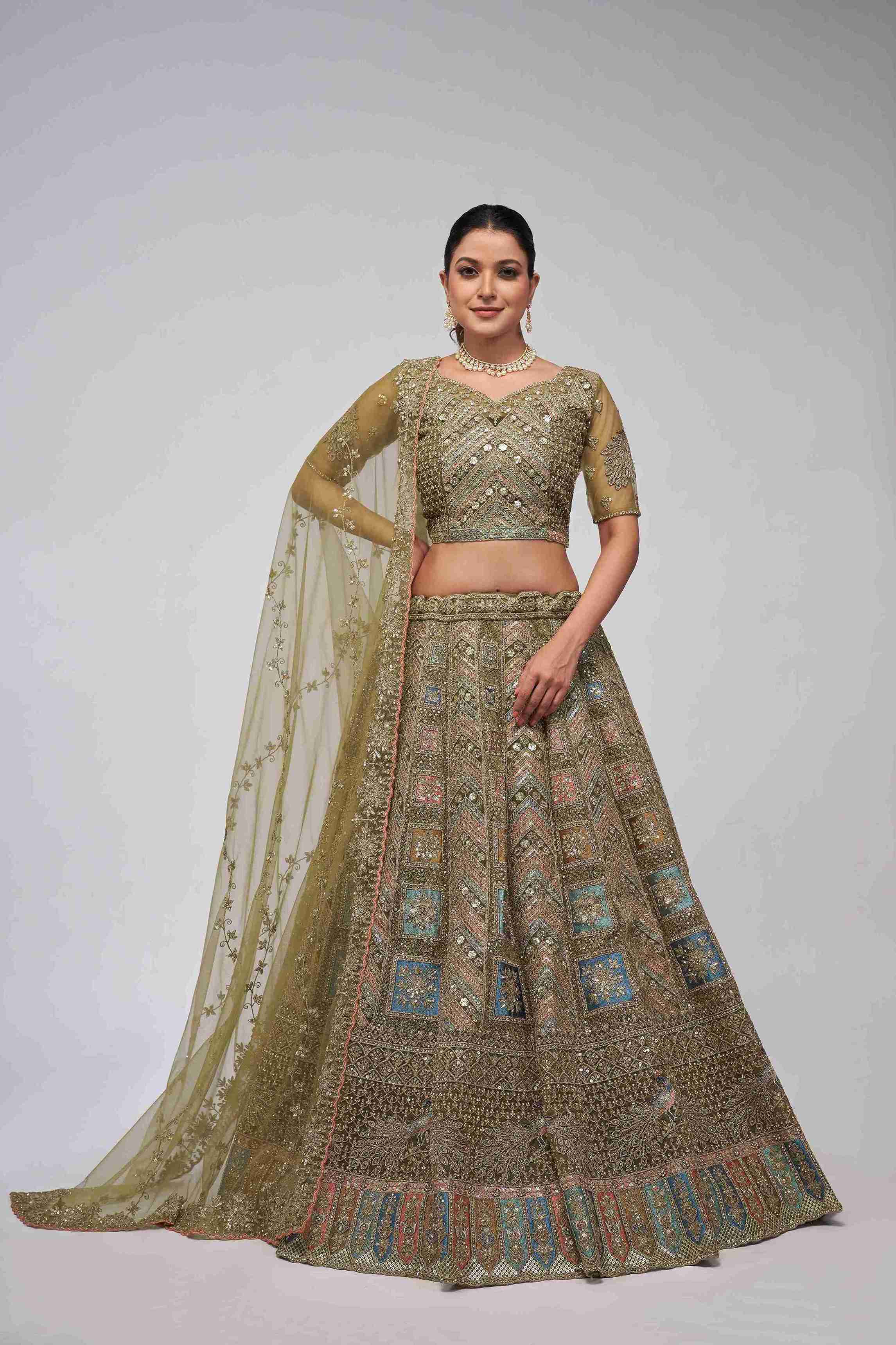 Olive Green Net Diwali Special A Line Lehenga With Embroidery And Sequins Wedding Wear