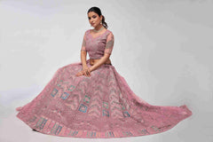 Pink Net Diwali Special A Line Lehenga With Embroidery And Sequins Wedding Wear