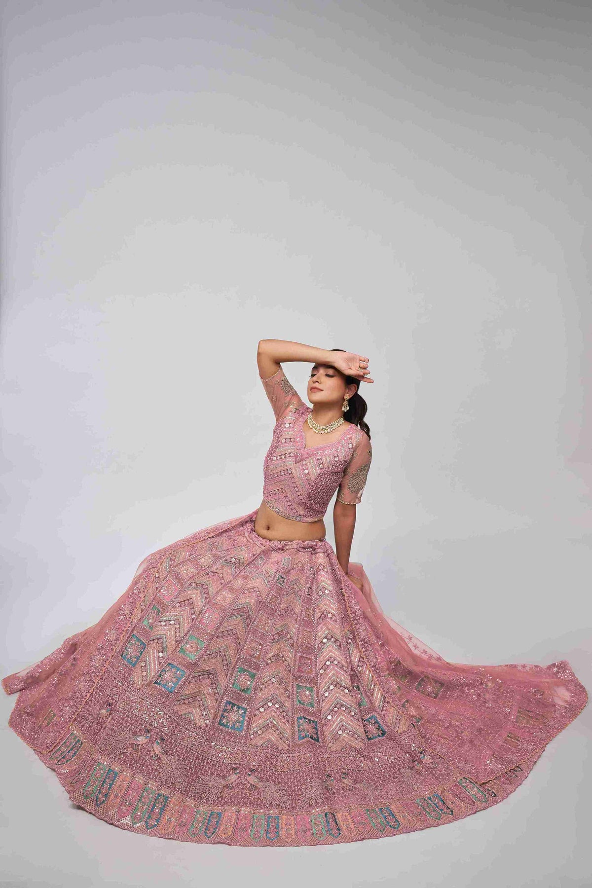 Pink Net Diwali Special A Line Lehenga With Embroidery And Sequins Wedding Wear