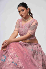 Pink Net Diwali Special A Line Lehenga With Embroidery And Sequins Wedding Wear