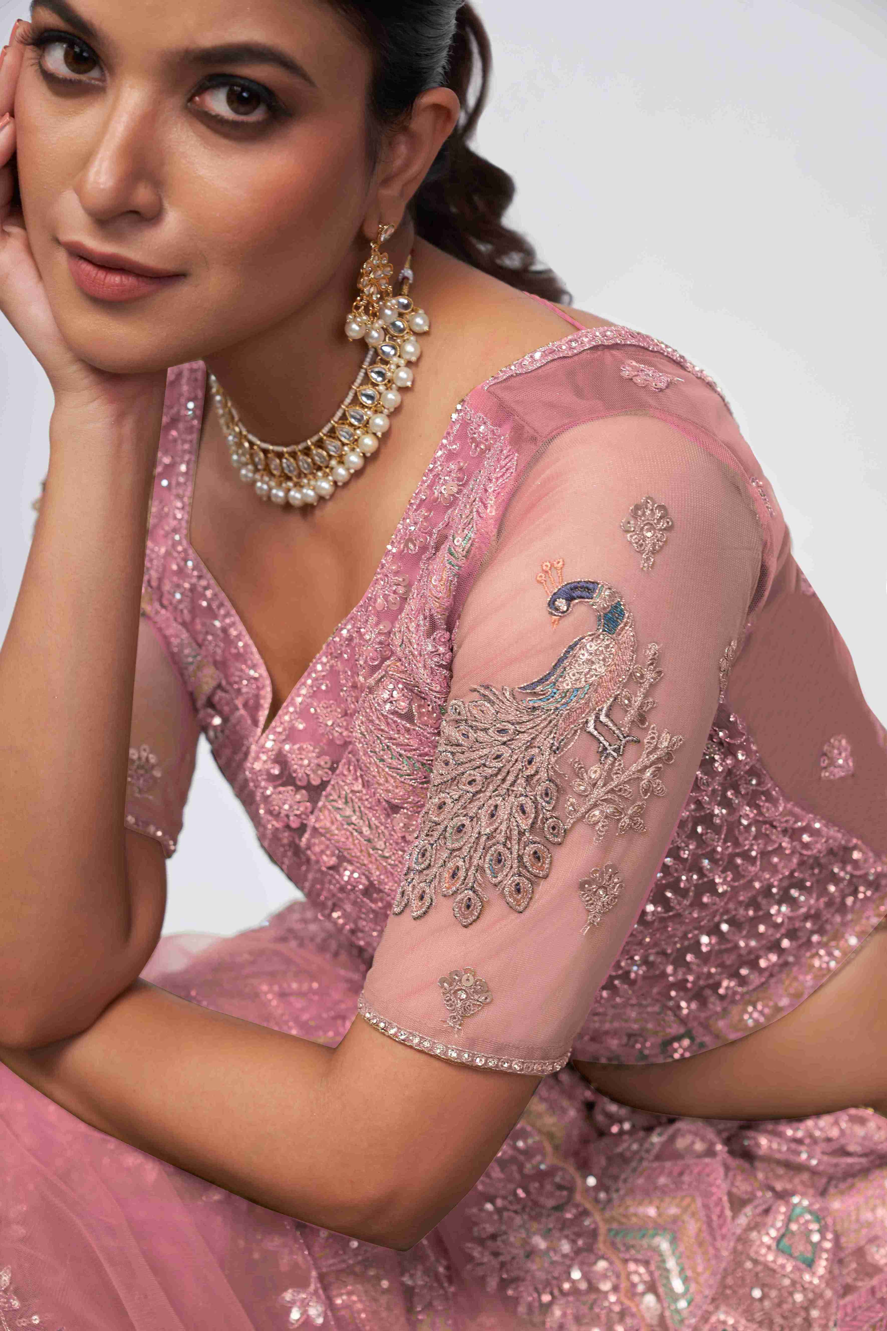 Pink Net Diwali Special A Line Lehenga With Embroidery And Sequins Wedding Wear