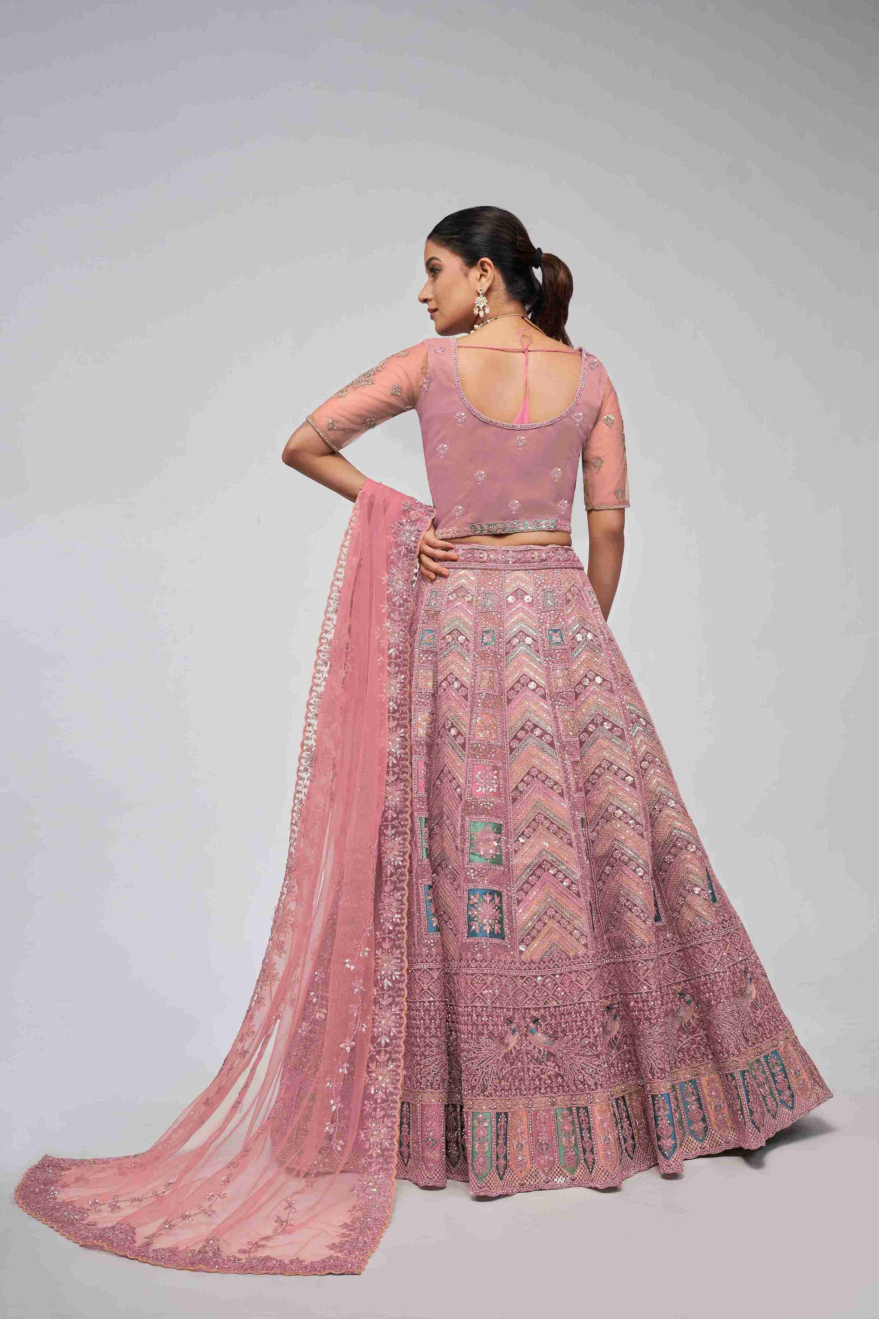 Pink Net Diwali Special A Line Lehenga With Embroidery And Sequins Wedding Wear