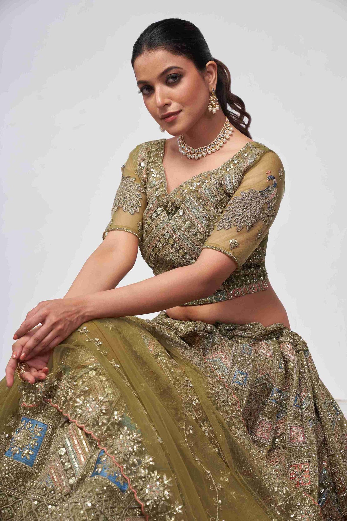 Olive Green Net Diwali Special A Line Lehenga With Embroidery And Sequins Wedding Wear