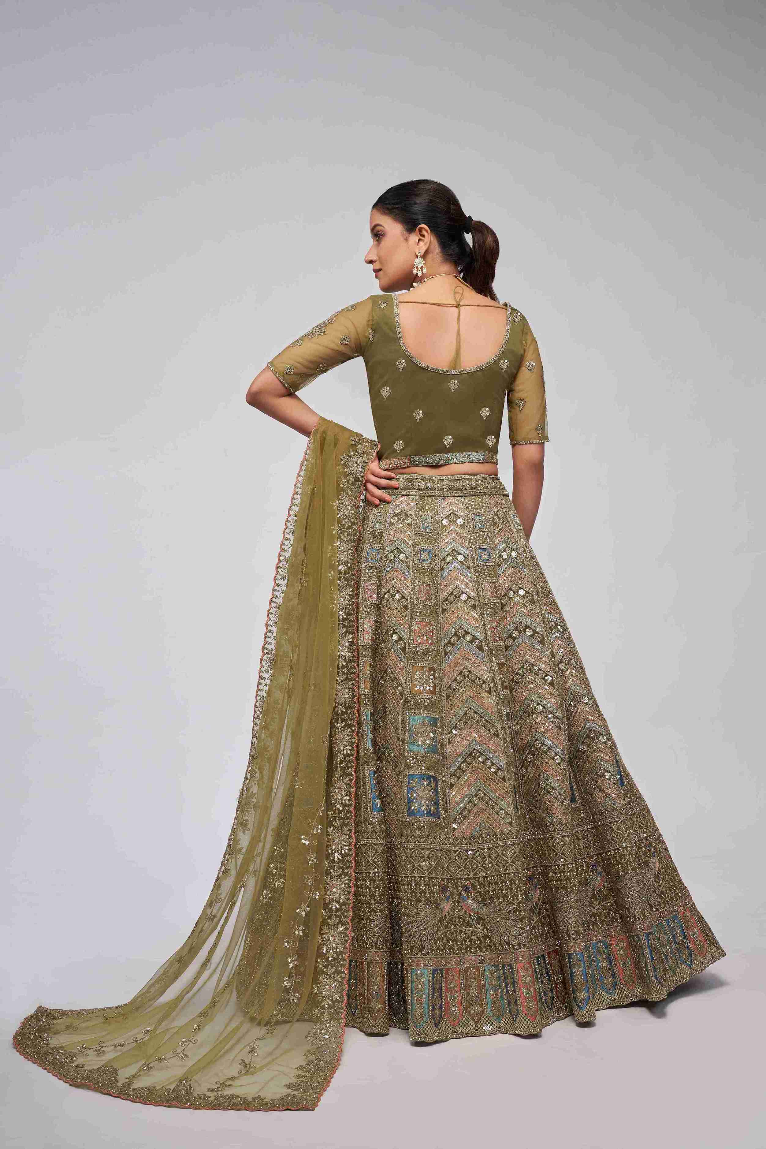 Olive Green Net Diwali Special A Line Lehenga With Embroidery And Sequins Wedding Wear