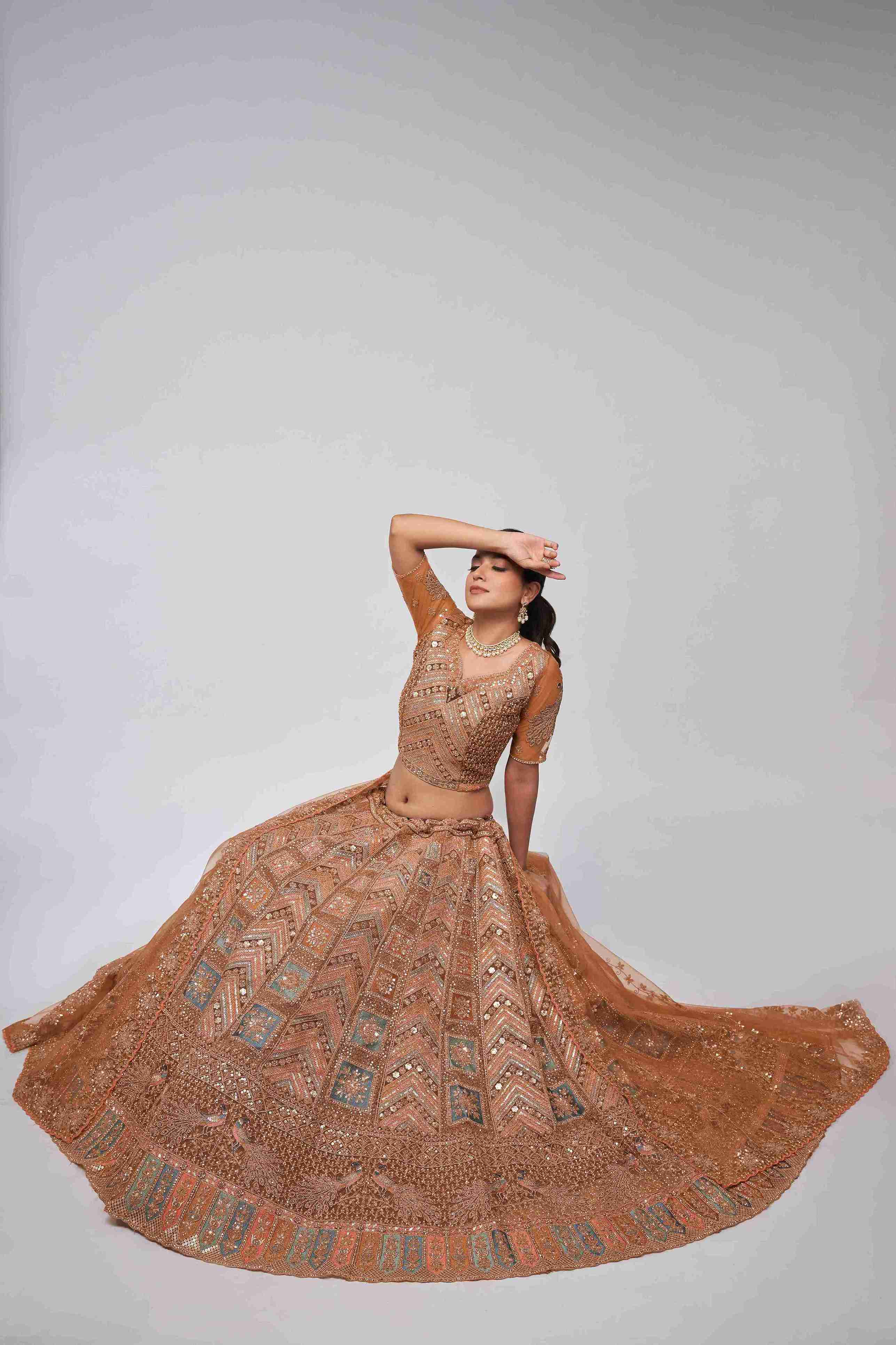 Rust Orange Net Diwali Special A Line Lehenga With Embroidery And Sequins Wedding Wear