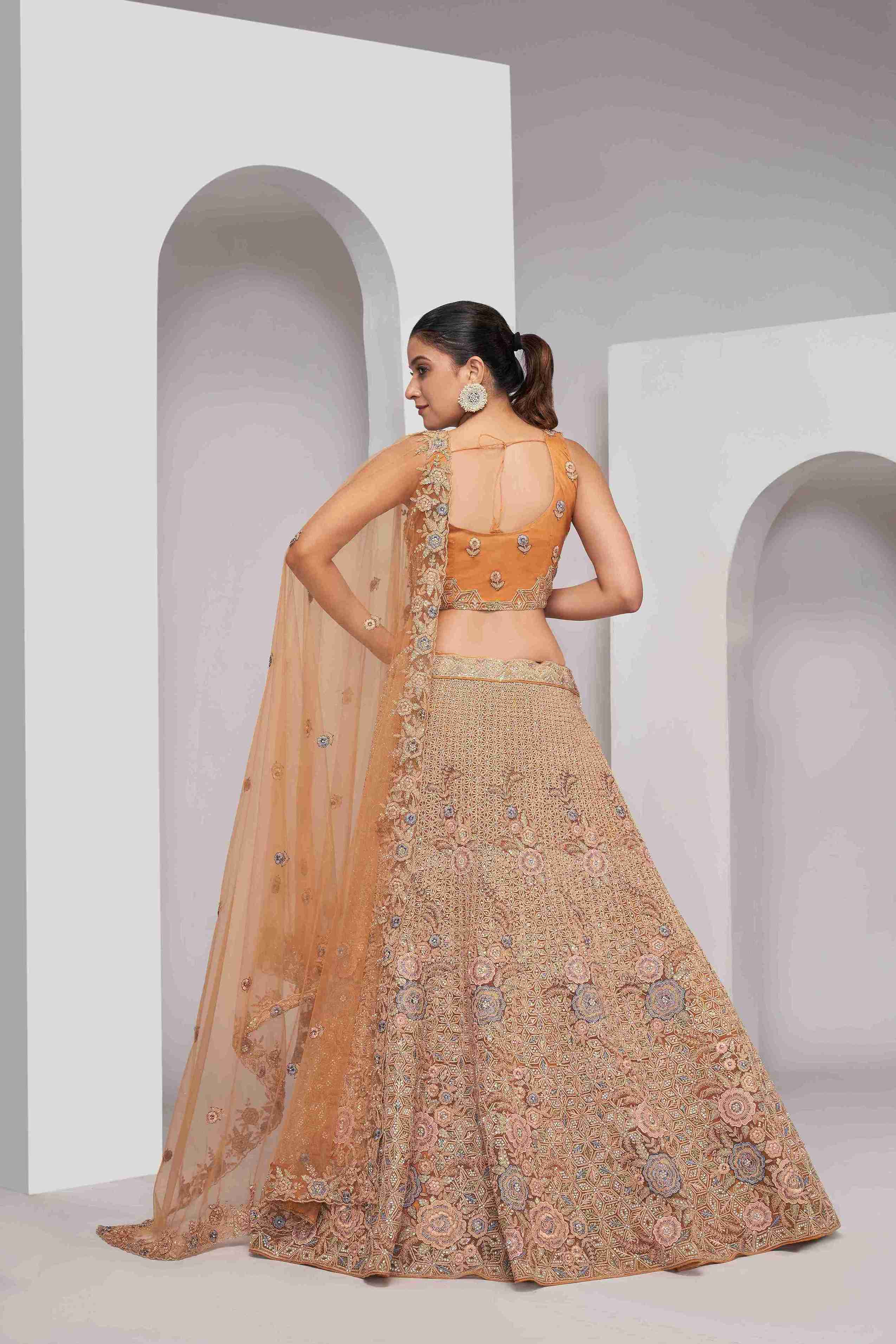 Rust Orange Net Diwali Special A Line Lehenga With Embroidery And Sequins Wedding Wear