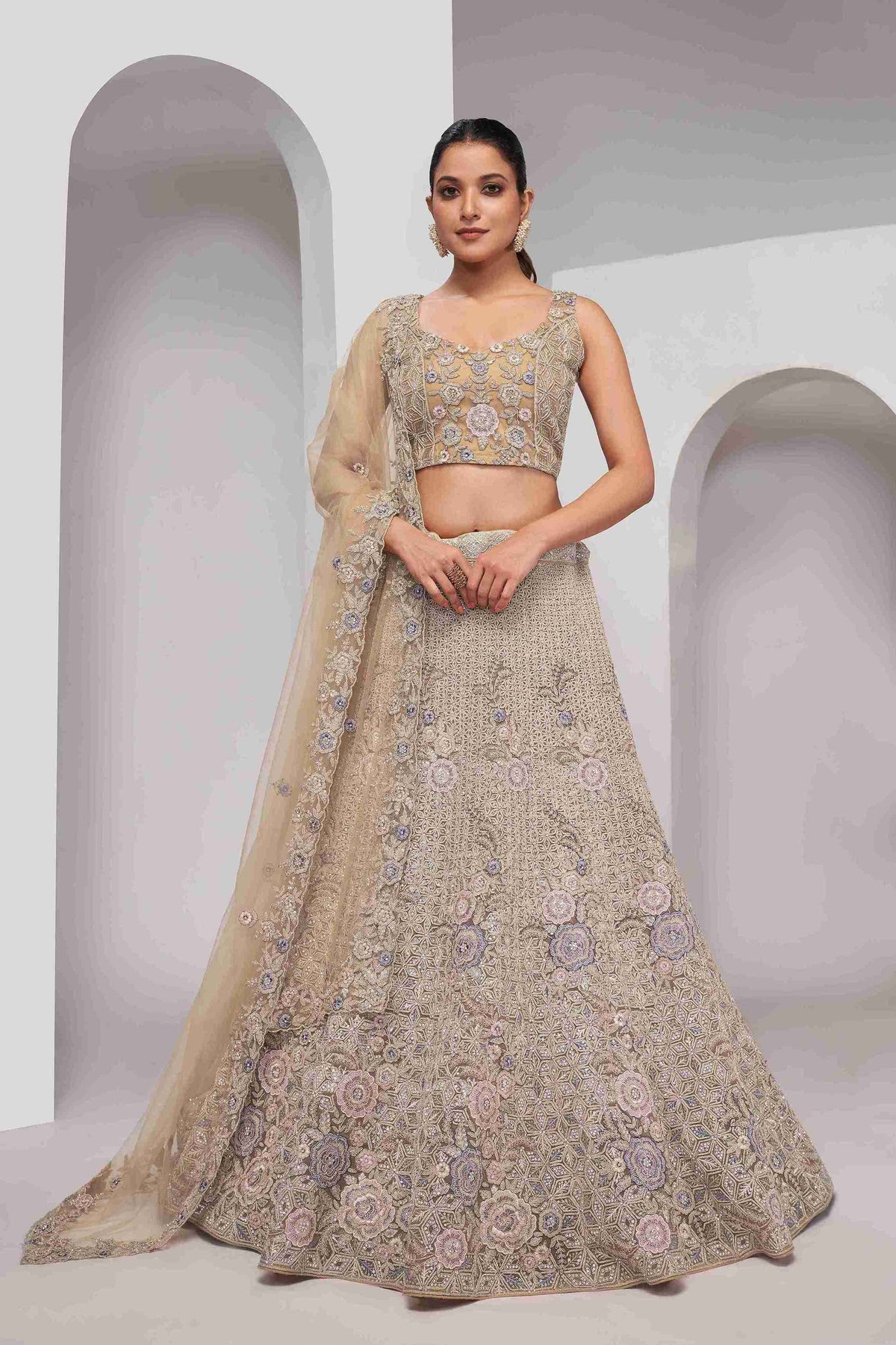 Golden Net Diwali Special A Line Lehenga With Embroidery And Sequins Wedding Wear