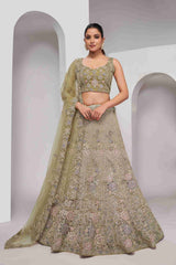 Olive Green Net Diwali Special A Line Lehenga With Embroidery And Sequins Wedding Wear