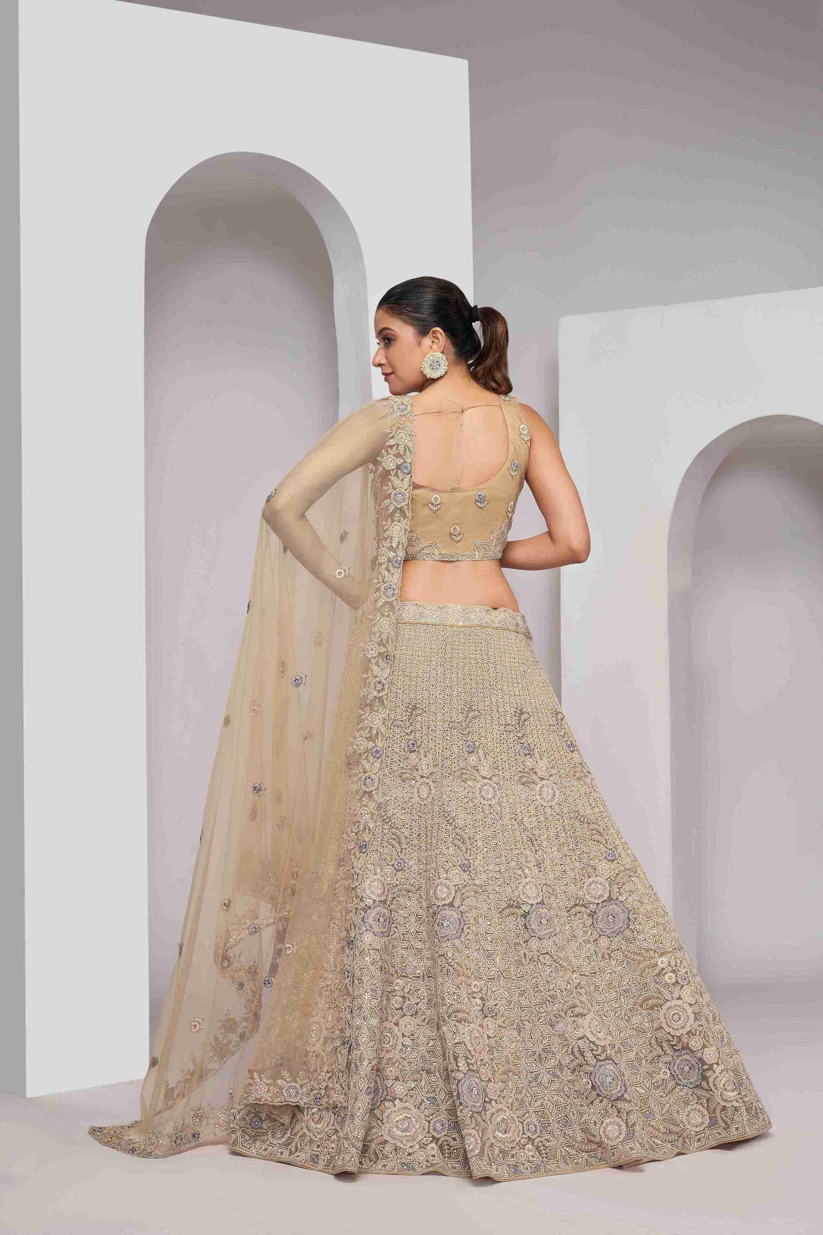 Golden Net Diwali Special A Line Lehenga With Embroidery And Sequins Wedding Wear