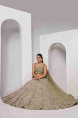 Olive Green Net Diwali Special A Line Lehenga With Embroidery And Sequins Wedding Wear