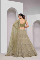 Olive Green Net Diwali Special A Line Lehenga With Embroidery And Sequins Wedding Wear