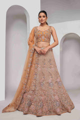 Rust Orange Net Diwali Special A Line Lehenga With Embroidery And Sequins Wedding Wear