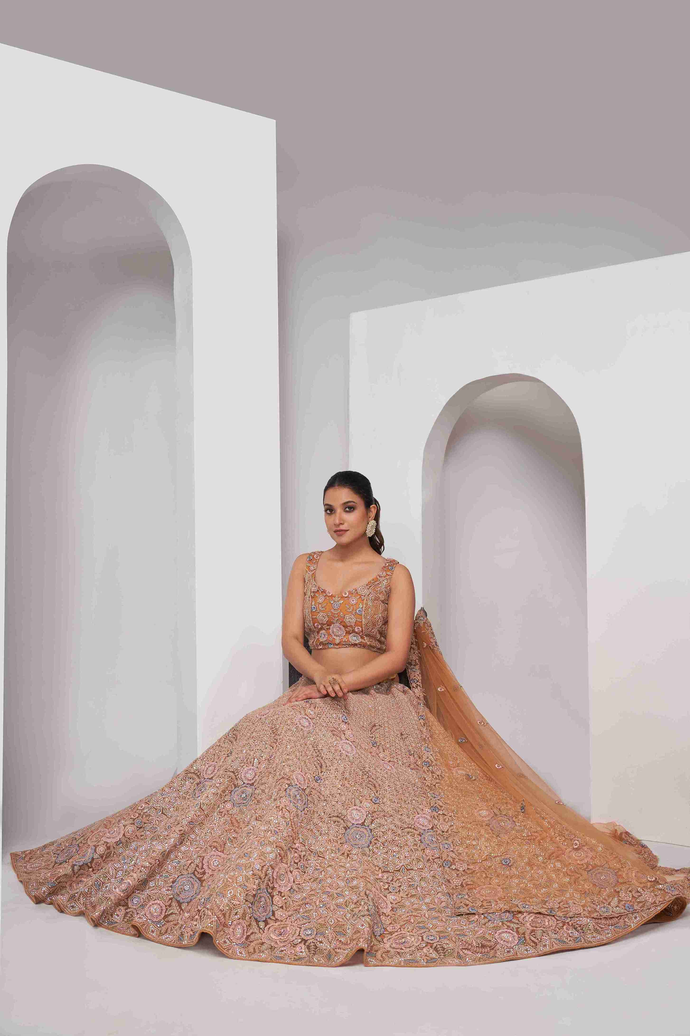 Rust Orange Net Diwali Special A Line Lehenga With Embroidery And Sequins Wedding Wear