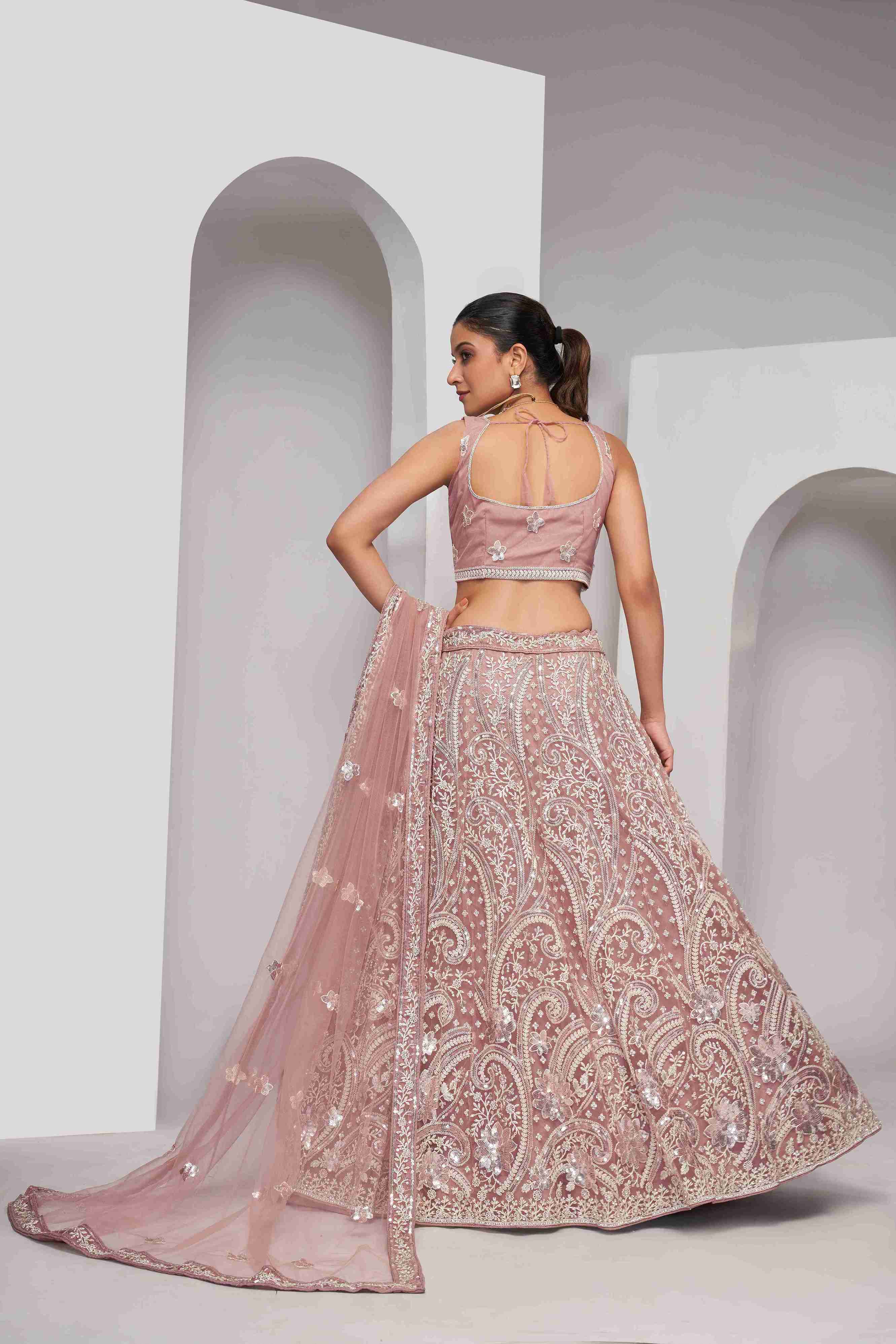 Peach Net A Line Embroidered Sequins Bridal Lehenga Choli