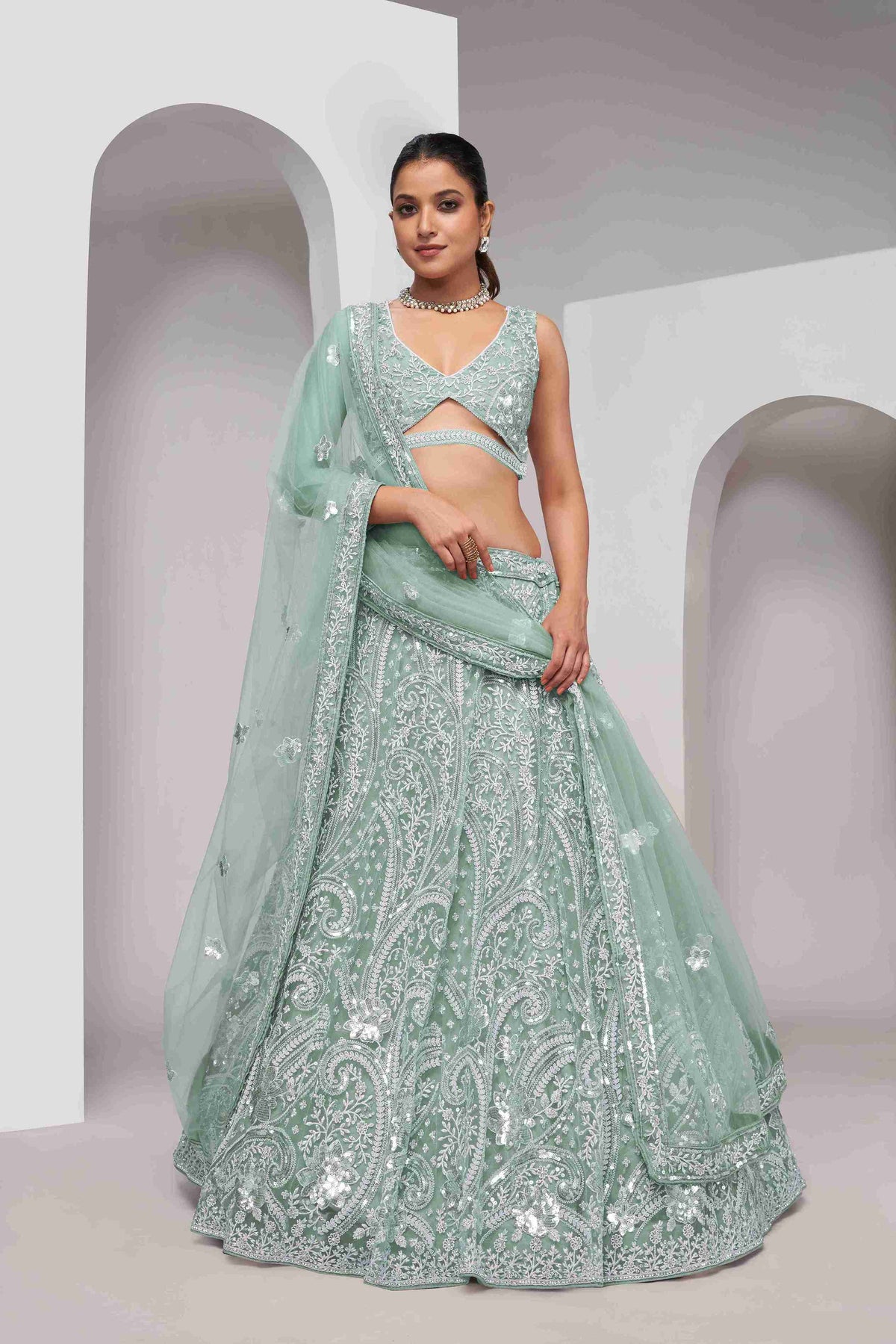 Sky Blue Net A Line Embroidered Sequins Bridal Lehenga Choli