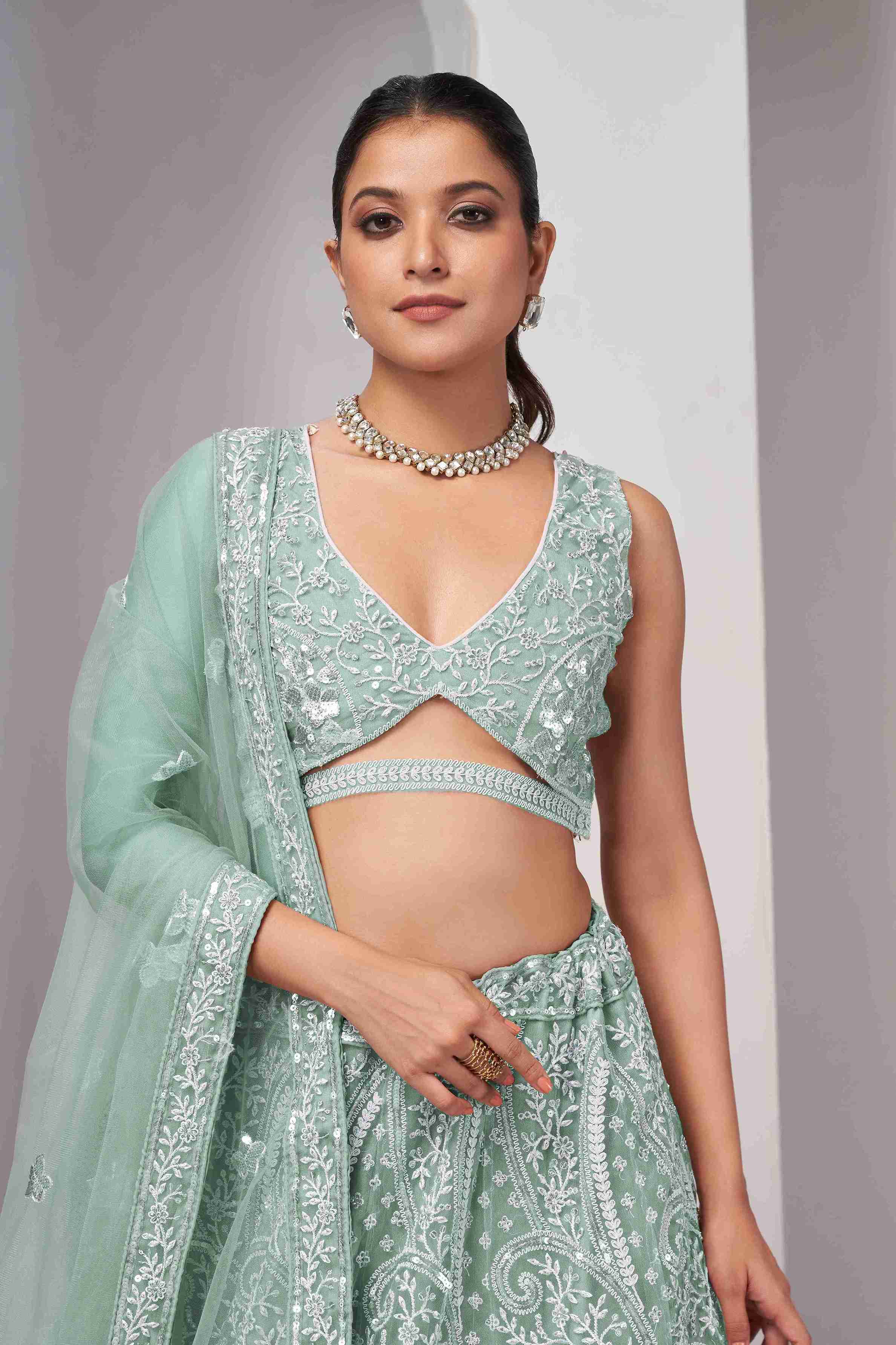 Sky Blue Net A Line Embroidered Sequins Bridal Lehenga Choli