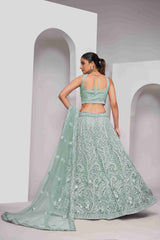 Sky Blue Net A Line Embroidered Sequins Bridal Lehenga Choli