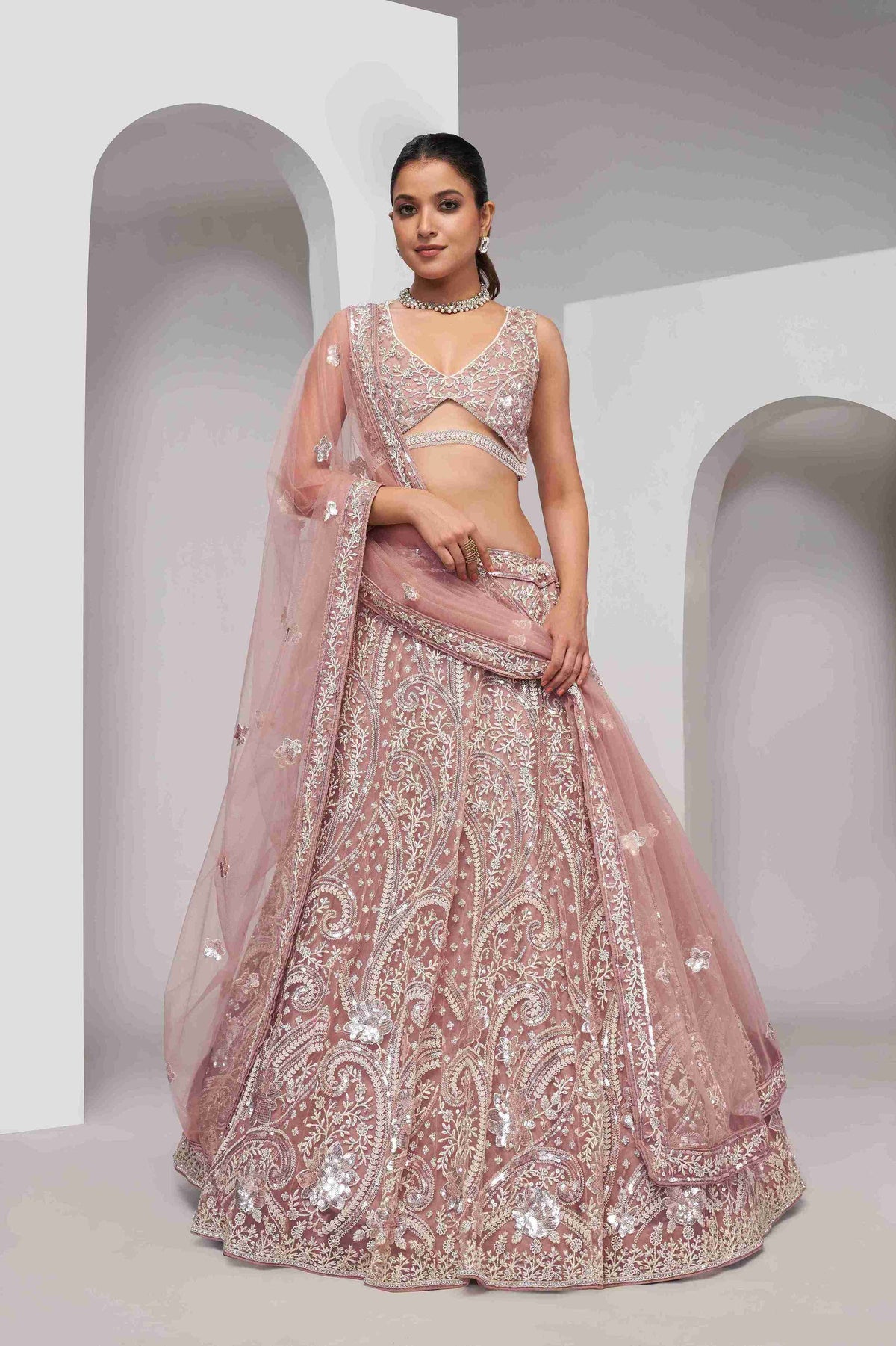 Peach Net A Line Embroidered Sequins Bridal Lehenga Choli