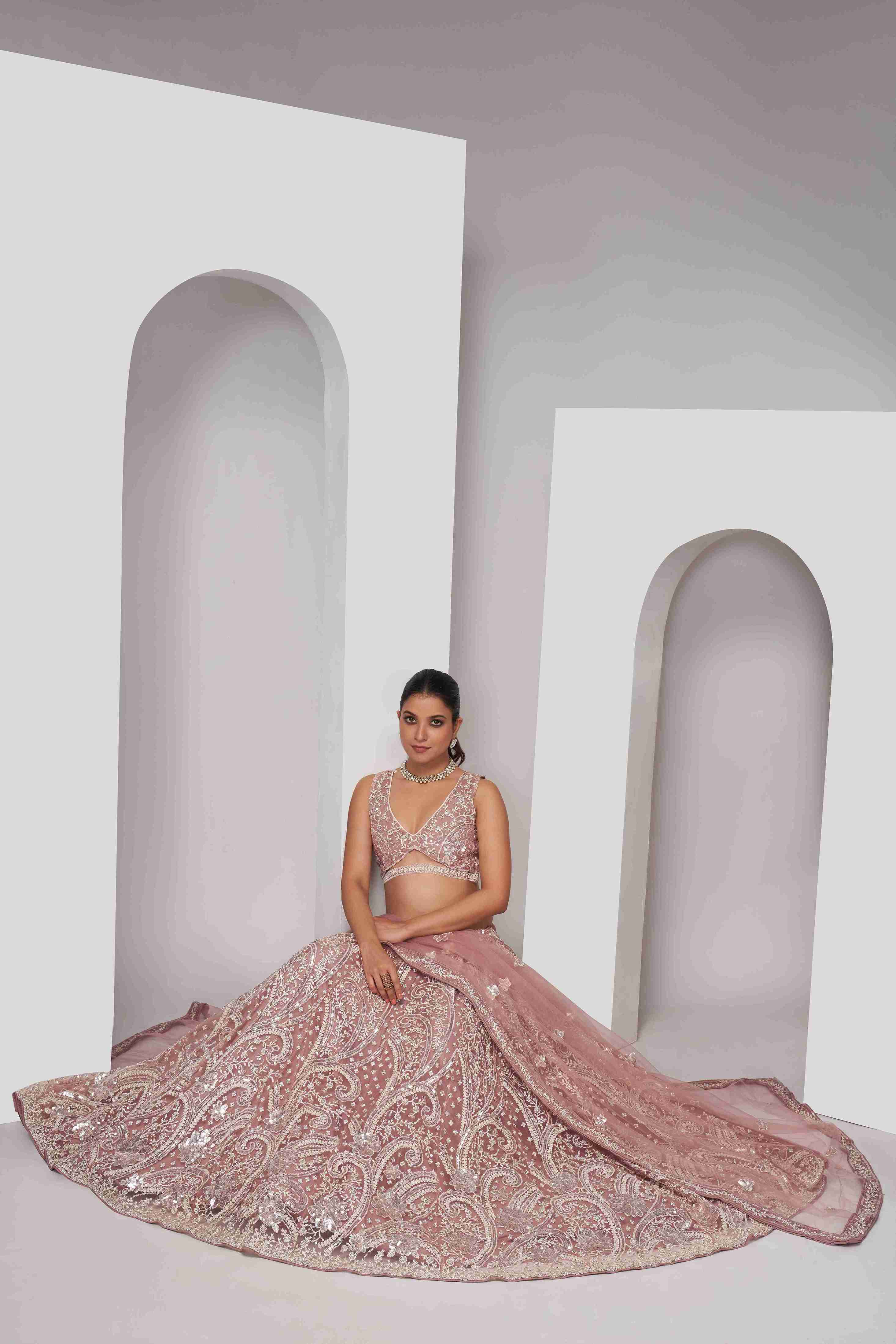 Peach Net A Line Embroidered Sequins Bridal Lehenga Choli