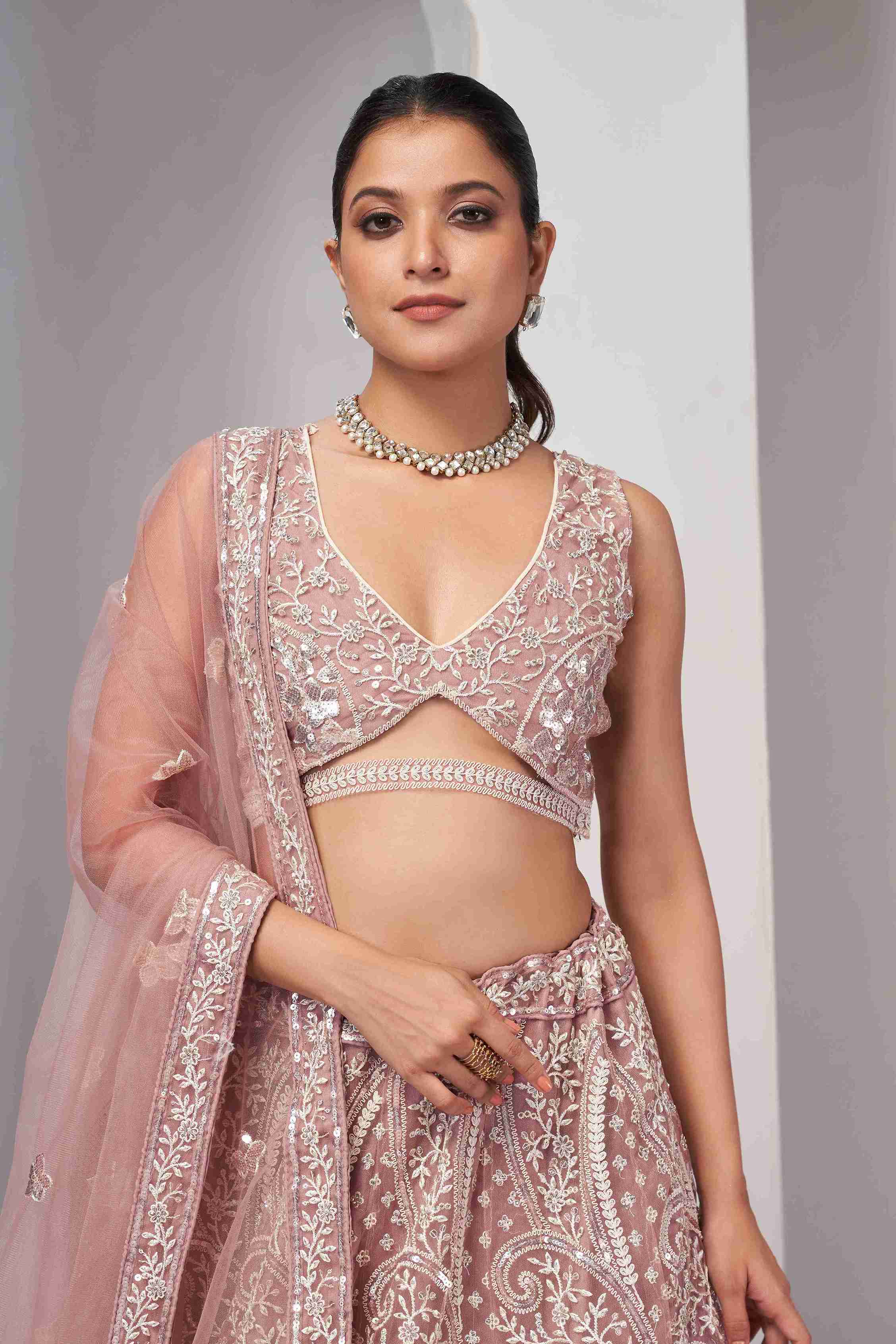 Peach Net A Line Embroidered Sequins Bridal Lehenga Choli